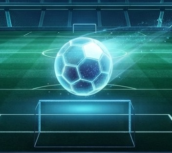 A glowing soccer ball on a floodlit pitch before the goal.